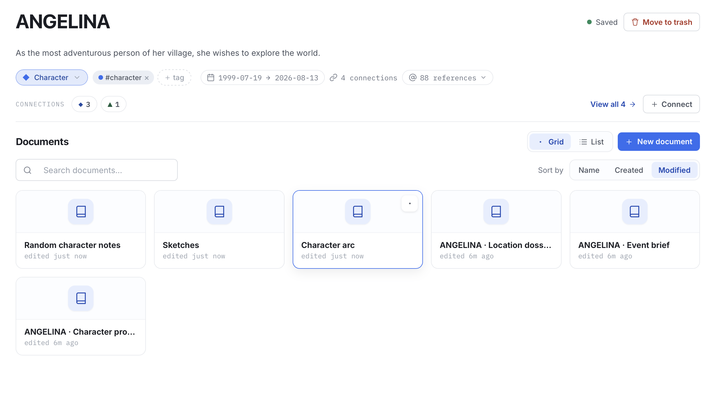 A character entity page: description, tags, date range, connections and reference count, with its attached documents shown as a grid of cards
