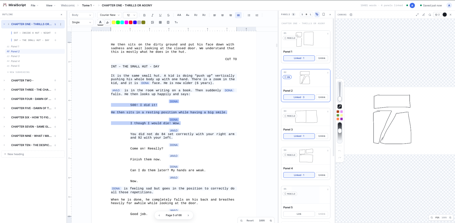 MiraiScript open on a chapter with the script and the drawing canvas visible at once