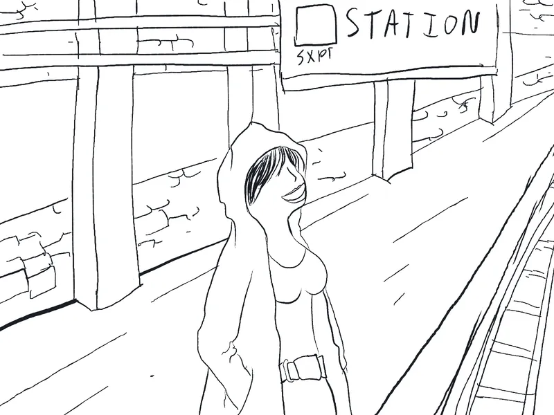 Line drawing of a panel from page 12: a hooded figure on a station platform, beneath the station sign